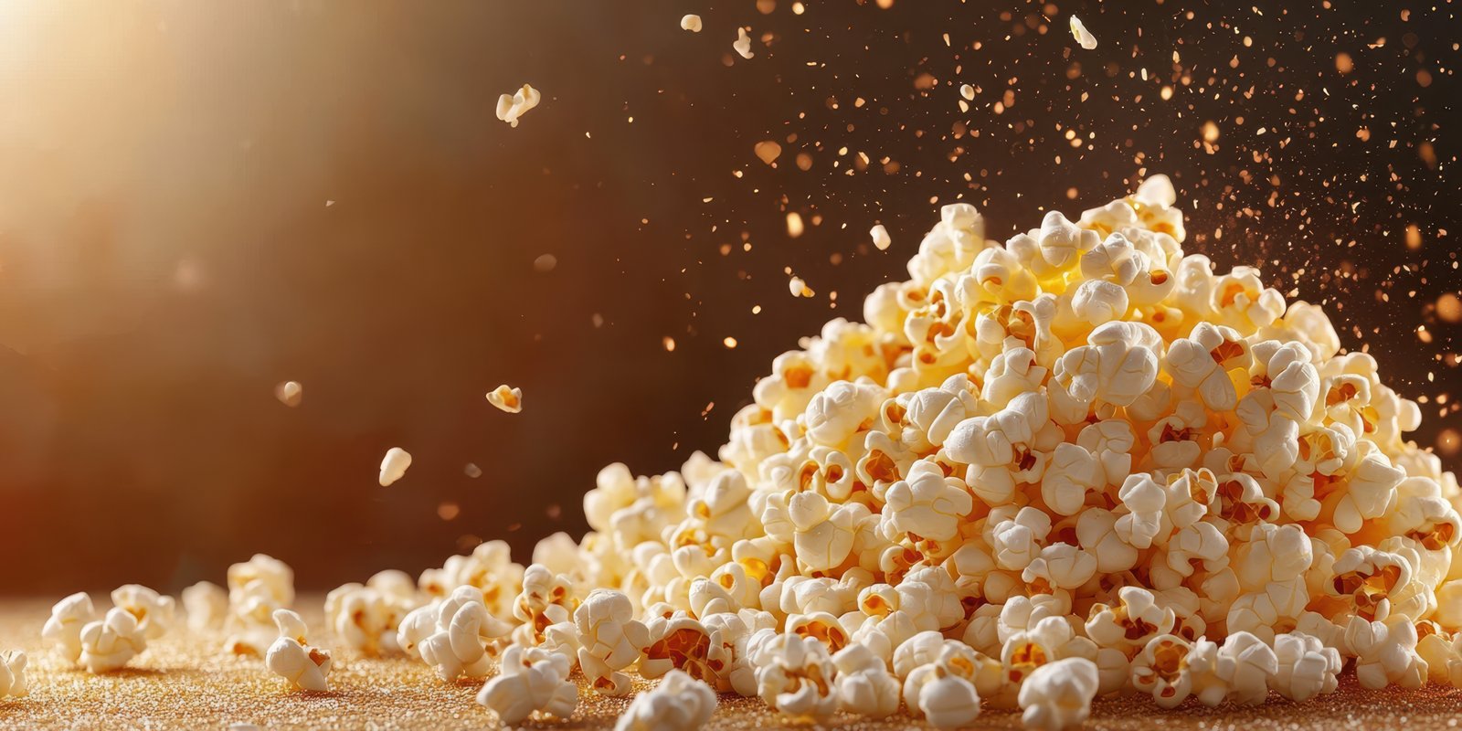 Popcorn piled high with kernels scattered on a warm surface and glowing light illuminating the tasty snack in a cozy setting